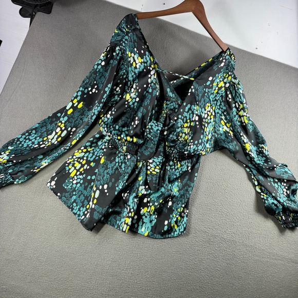 Torrid Blouse Women 1 Teal Abstract Spot Print Tie Back Long Sleeve Peplum - Picture 3 of 8